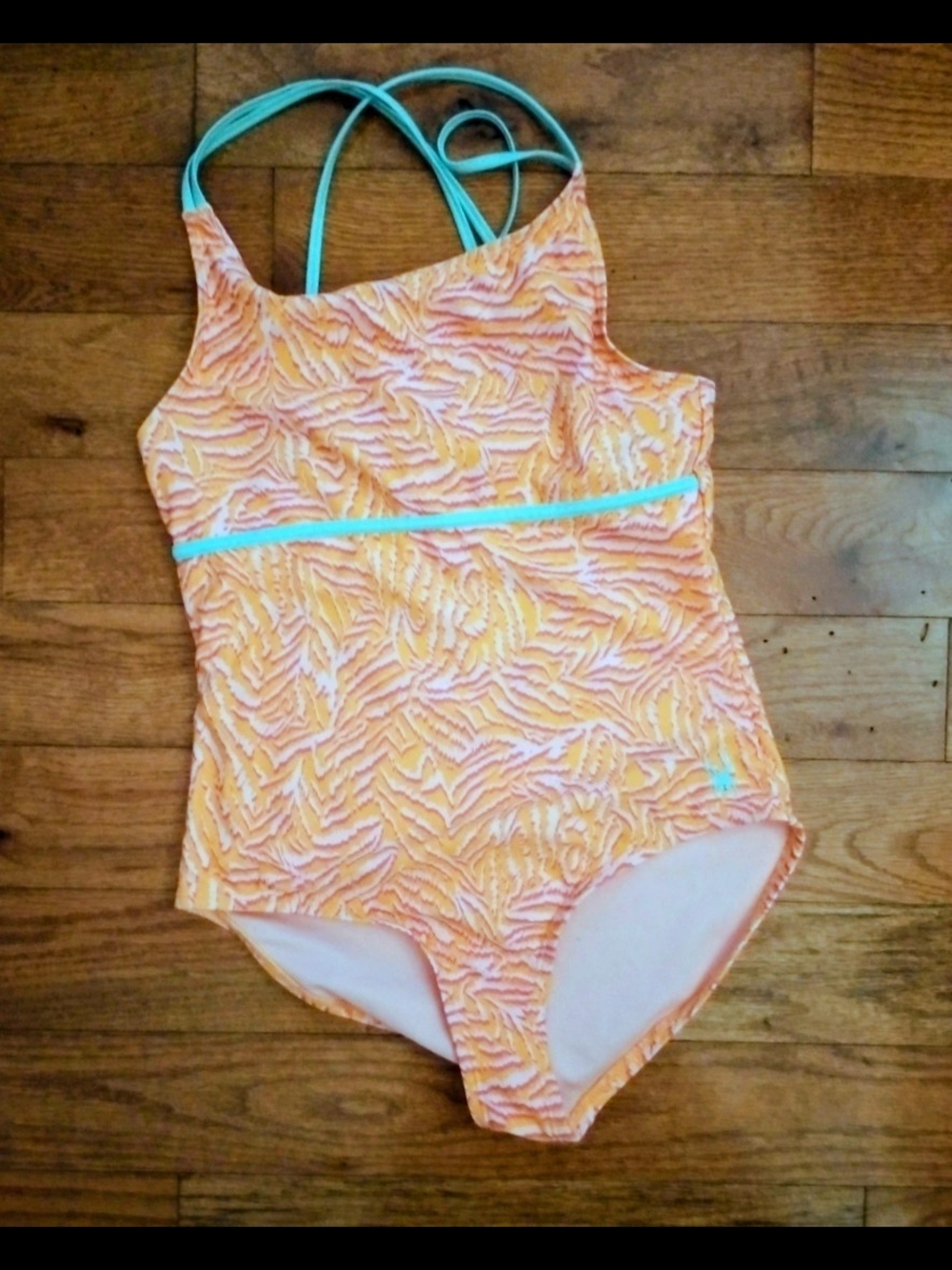 Spyder Girls' Orange Pattern One-Piece Swimsuit with Aqua Straps